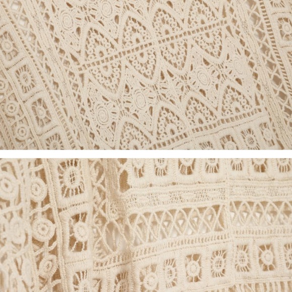 Beige Crochet Lace Embroidered Coverup Blouse Batwing Sleeve Loose Fit - Picture 3 of 16